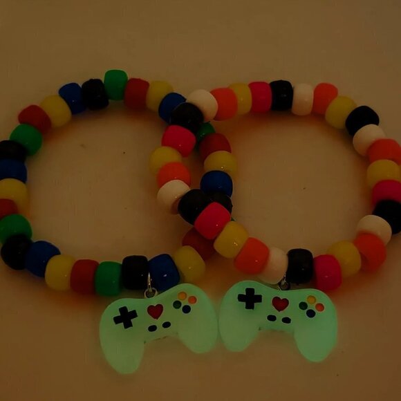 Kandi Bracelet Couple Set with Glow in Dark Game Controller Charms - Picture 2 of 4